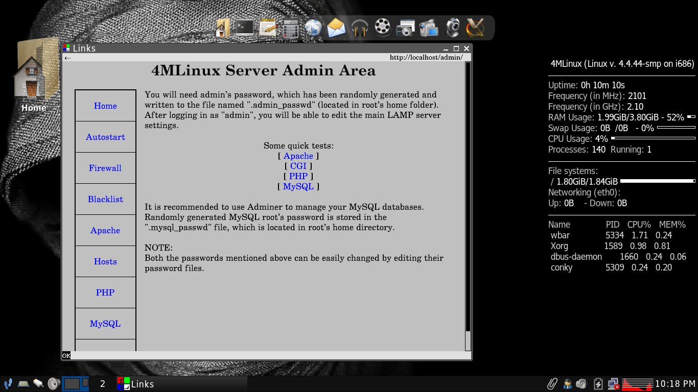 4MLinux desktop screenshot: 21.0 server admin