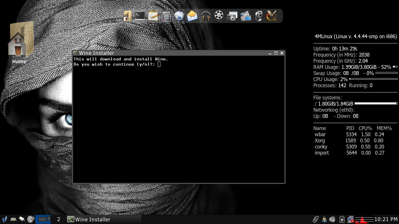 4MLinux desktop screenshot: 21.0 wine