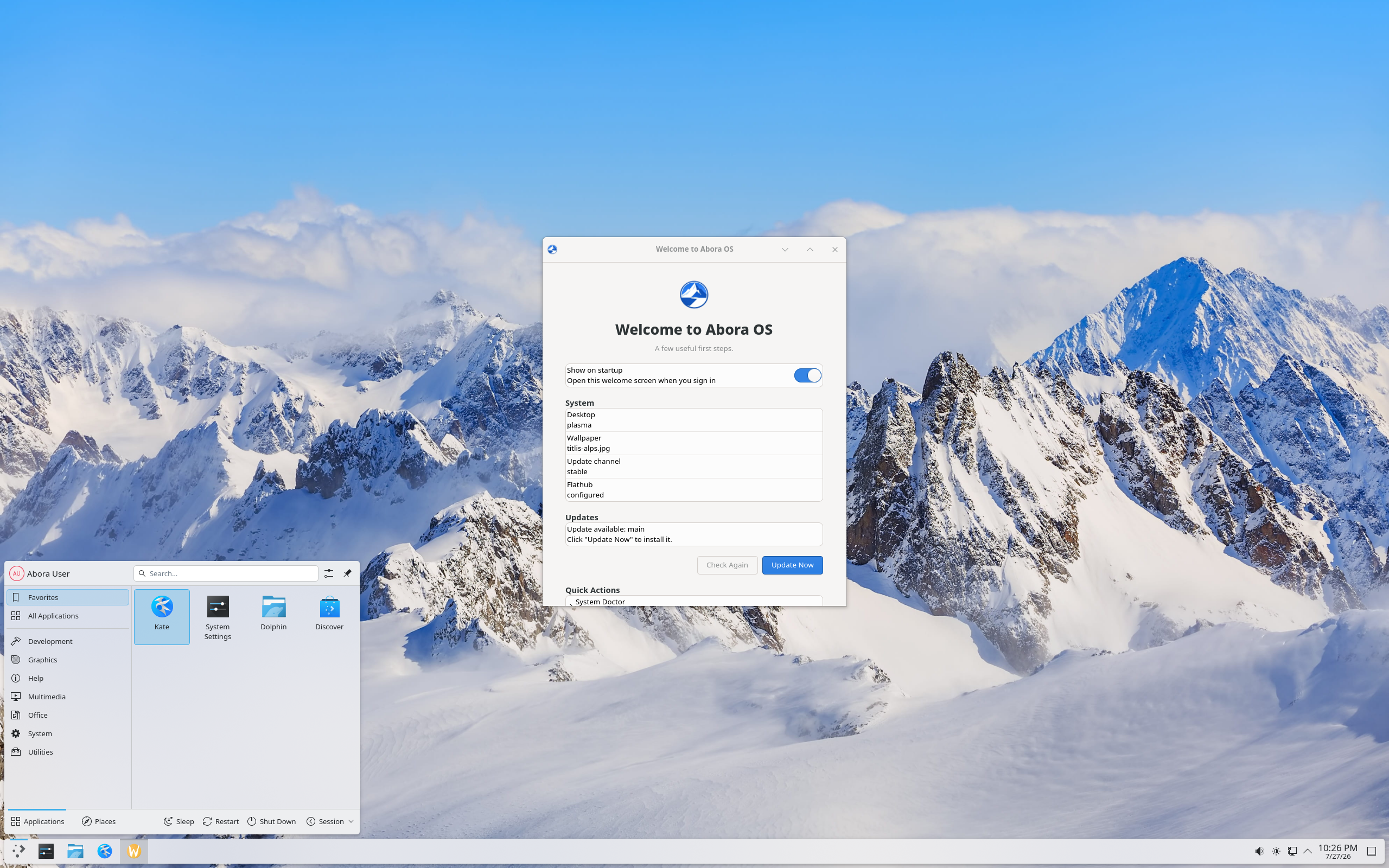 Abora desktop screenshot: 4.0 2026.07.27 kde