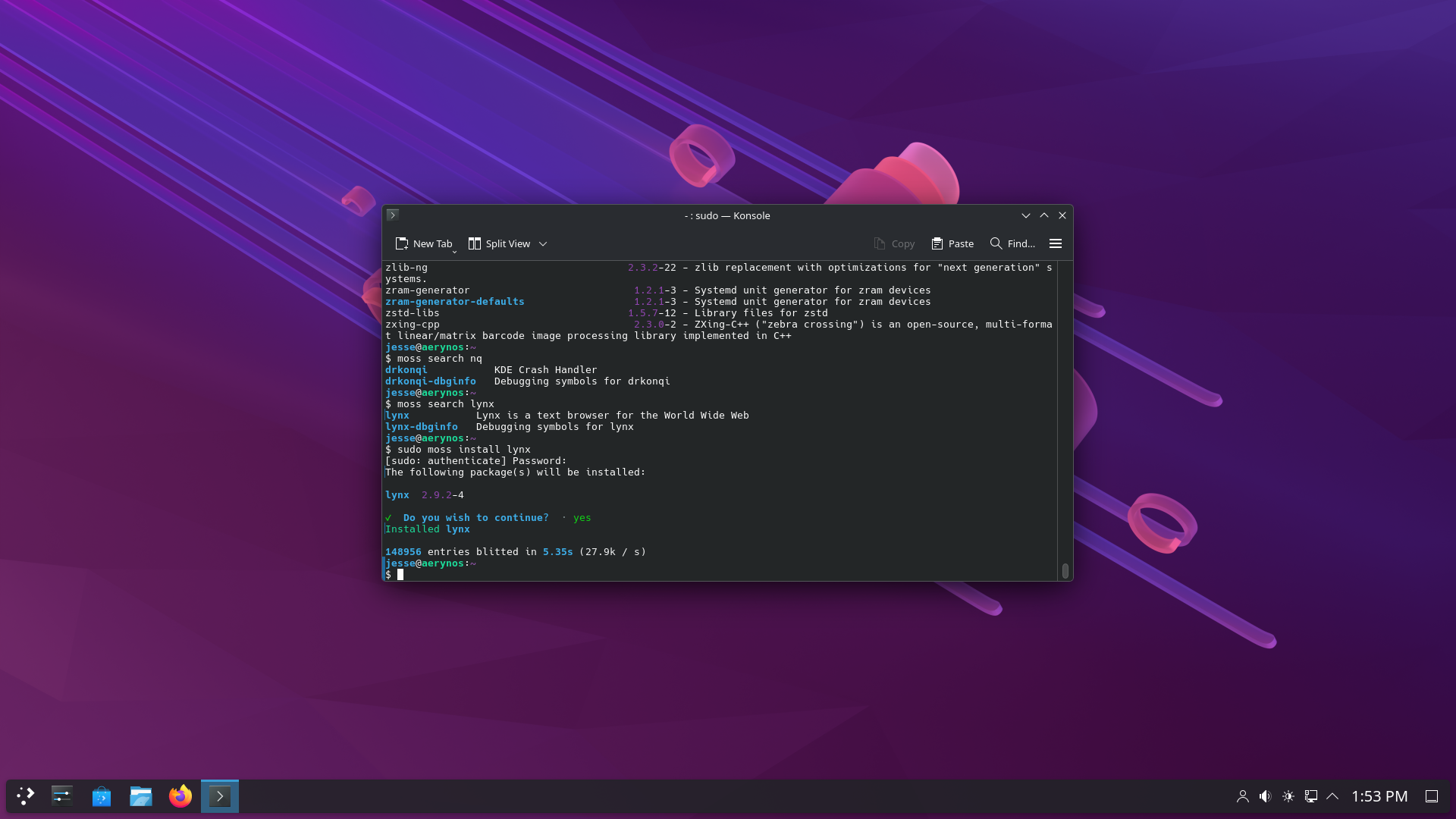 AerynOS desktop screenshot: 2026.01 moss