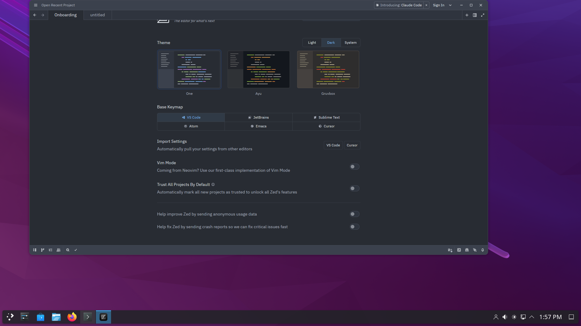 AerynOS desktop screenshot: 2026.01 zed