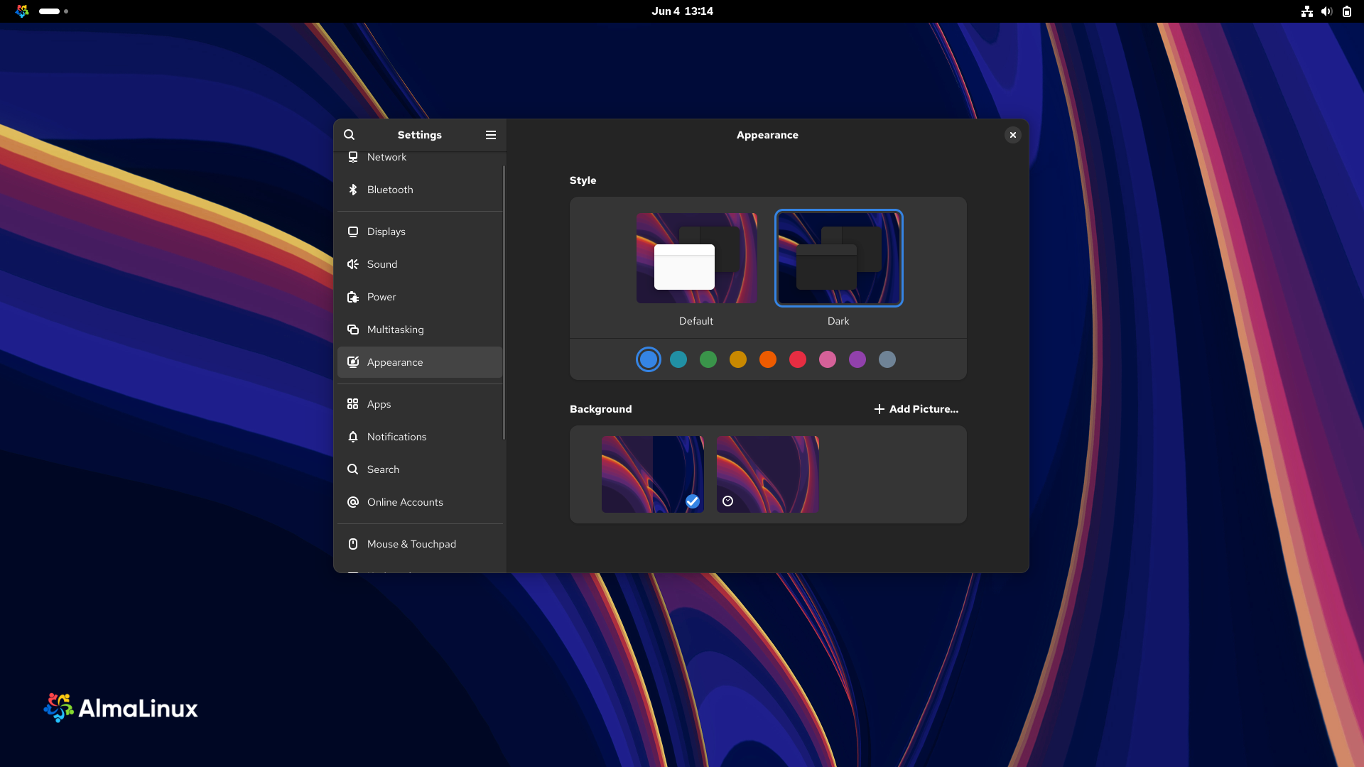 AlmaLinux desktop screenshot: 10.0 settings