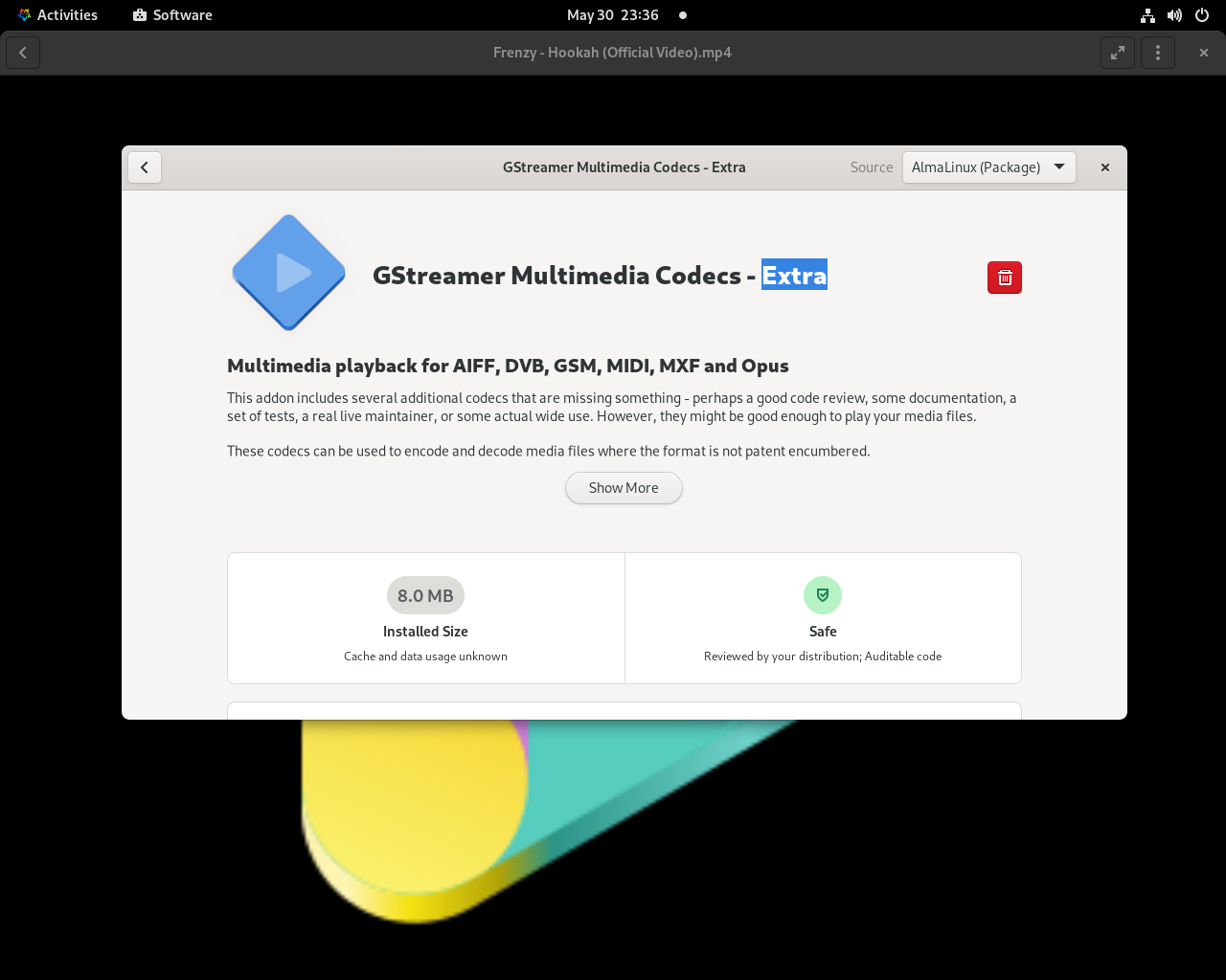 AlmaLinux desktop screenshot: 9.0 codecs