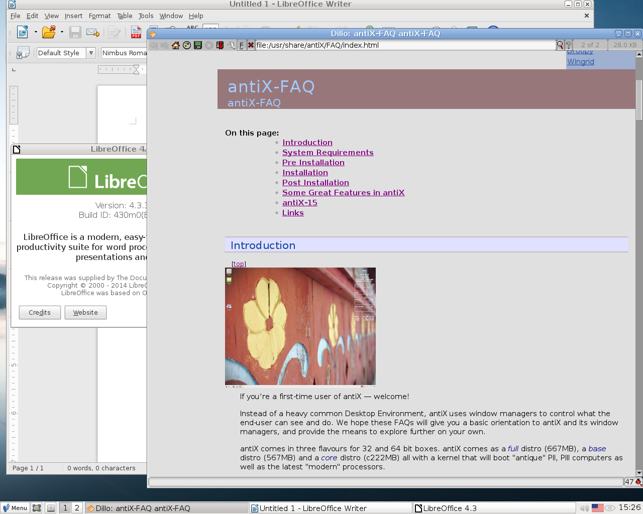 antiX desktop screenshot: 15 help
