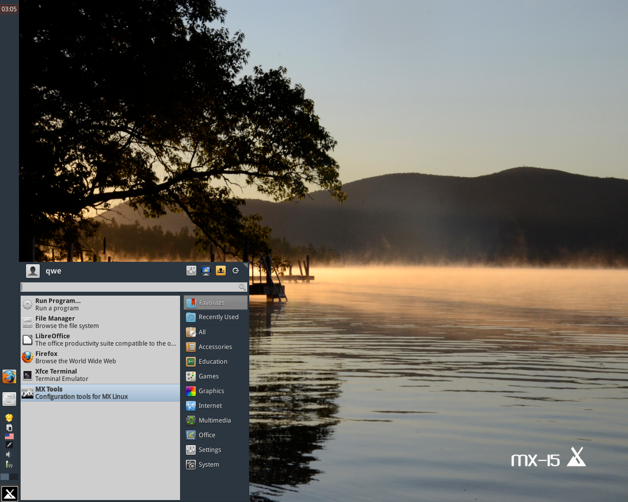 antiX desktop screenshot: 15 mx
