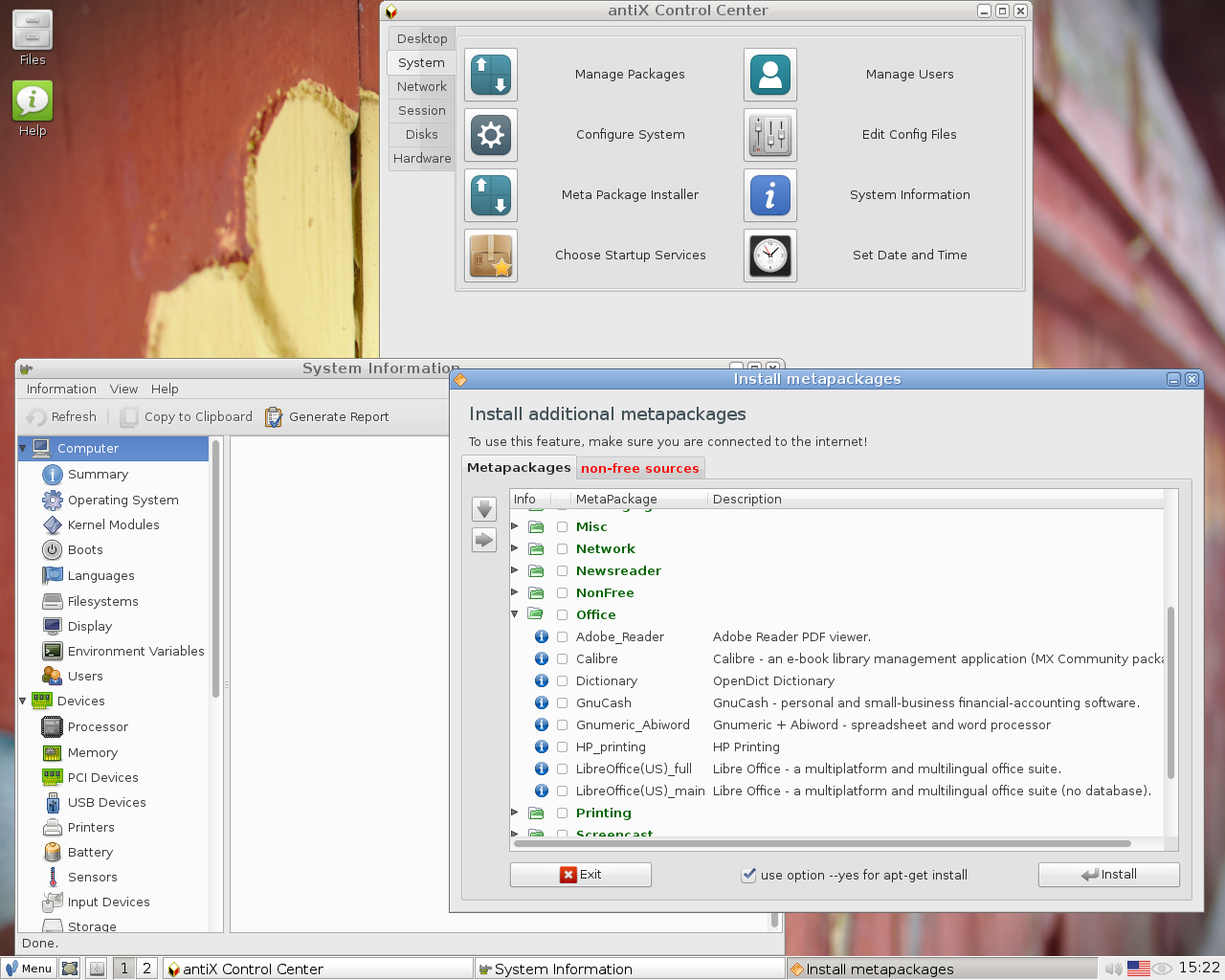 antiX desktop screenshot: 15 settings