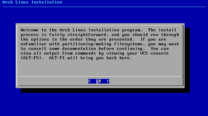 Arch Linux desktop screenshot: install welcome