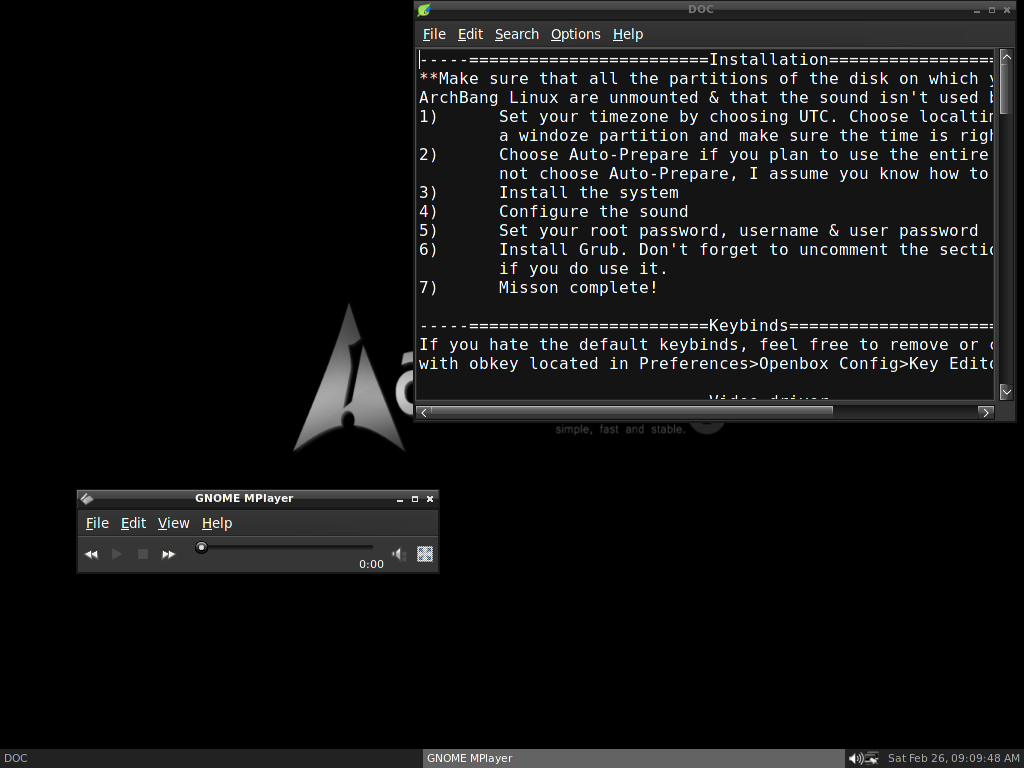 ArchBANG desktop screenshot: 2011.02 helpdocs