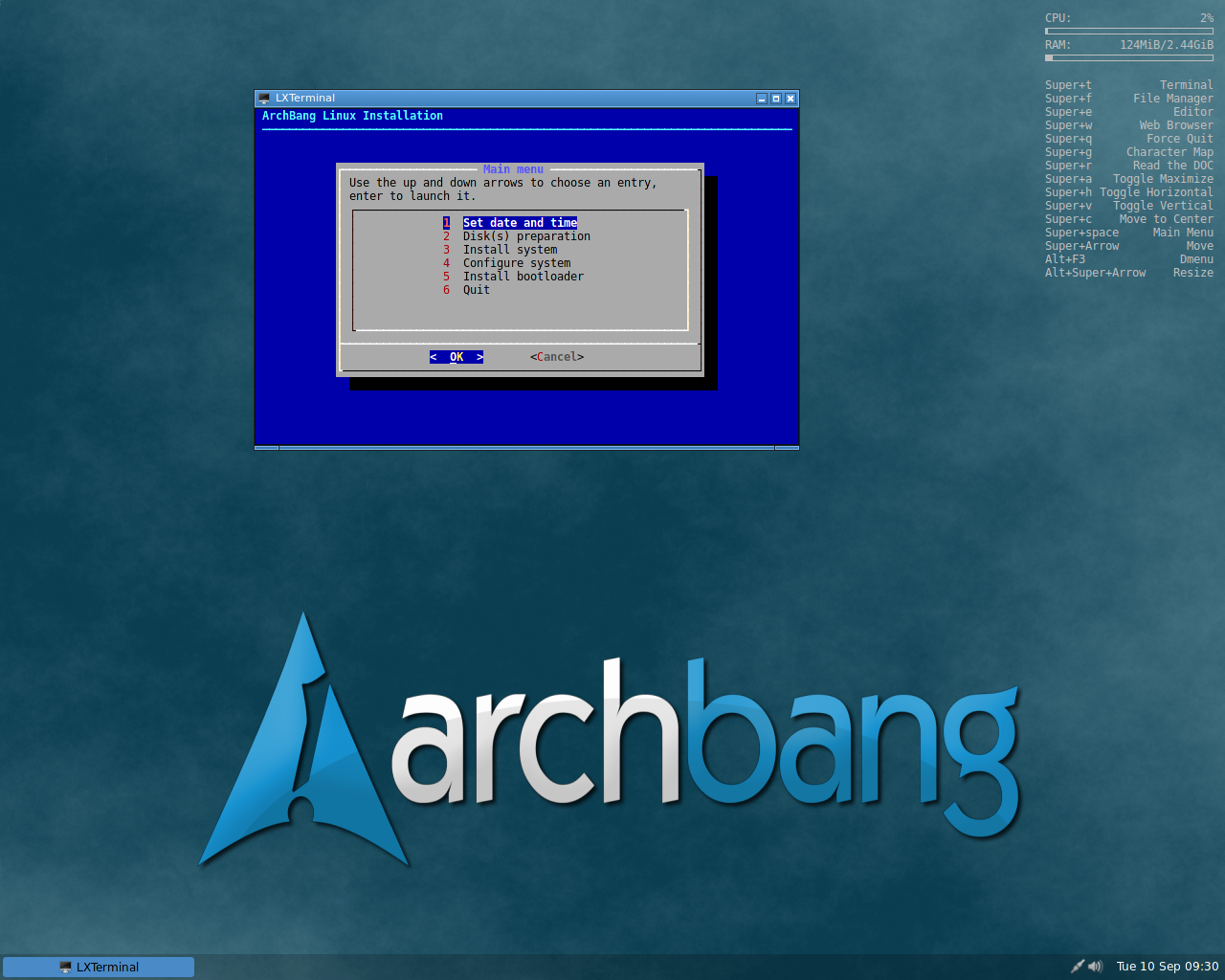ArchBANG desktop screenshot: 2013.09.01 installer
