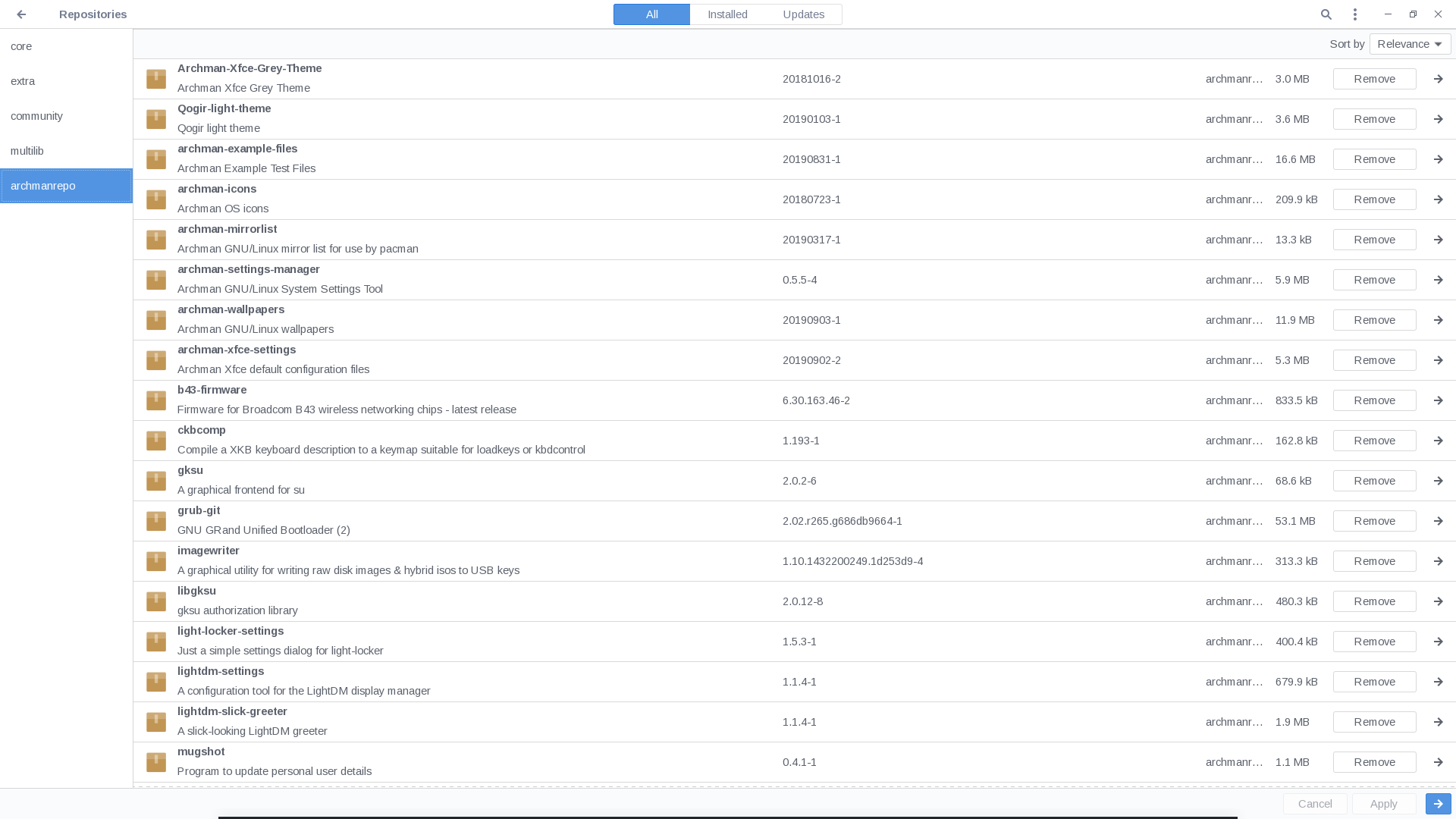 Archman desktop screenshot: 2019 09 pamac displaying archmanrepo