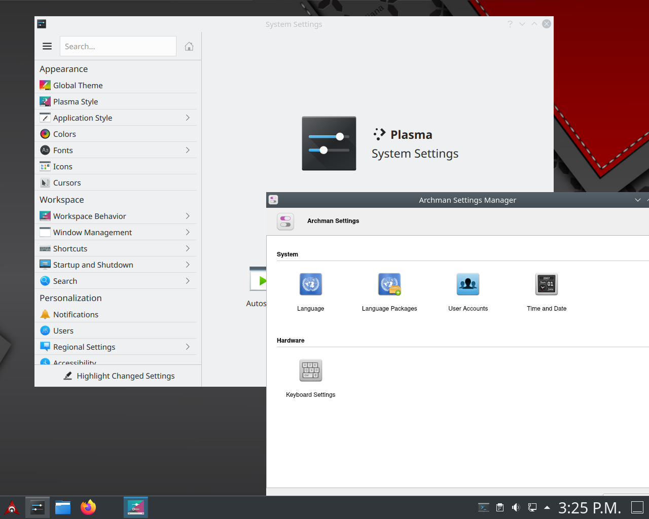 Archman desktop screenshot: 2020 11 12 settings