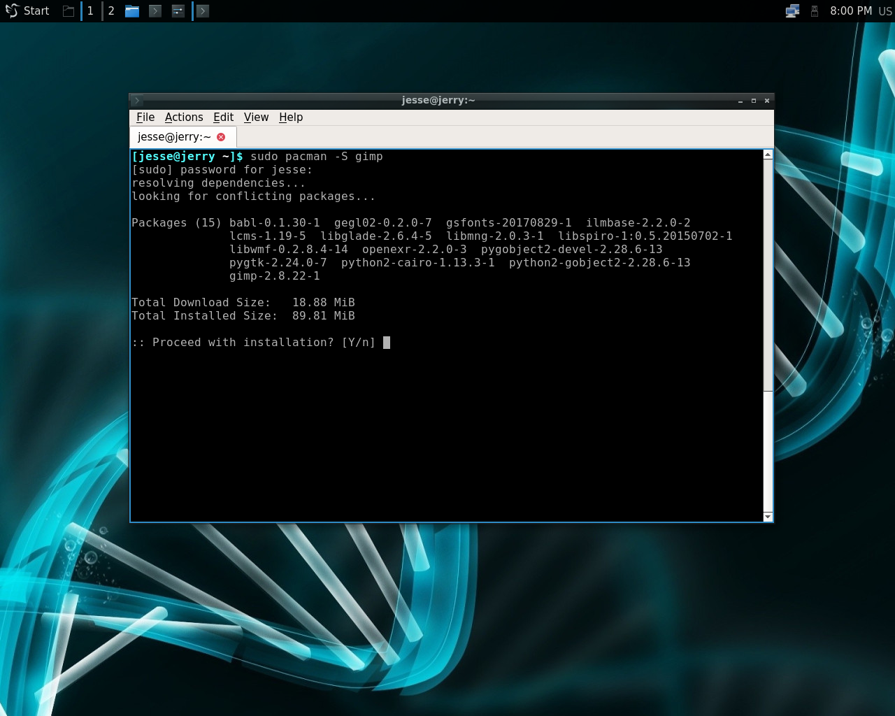 Artix desktop screenshot: 2017.08.08 pacman