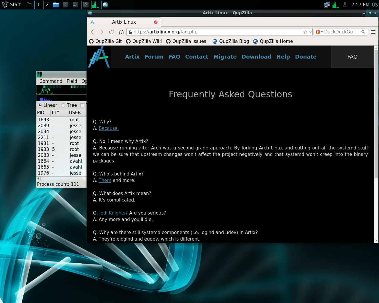 Artix desktop screenshot: 2017.08.08 qupzilla