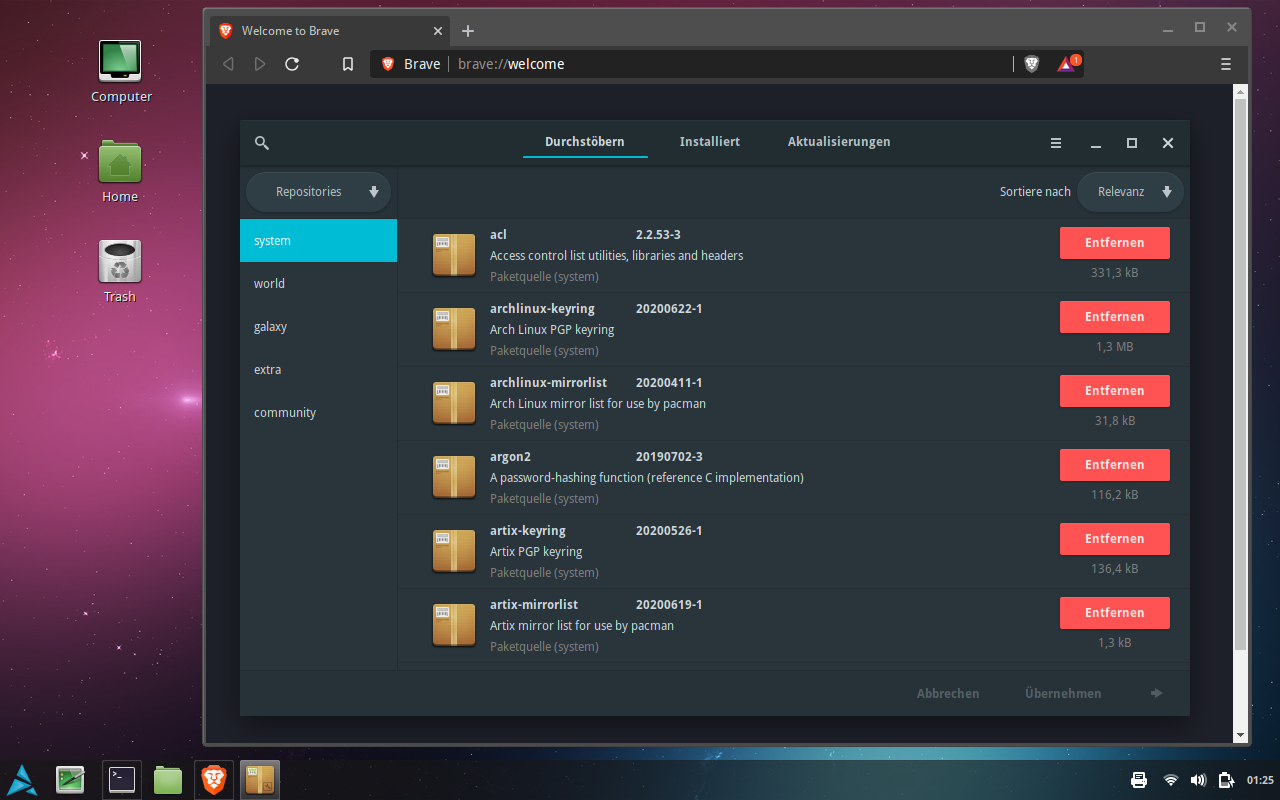 Artix desktop screenshot: 20200214 brave and pamac installed