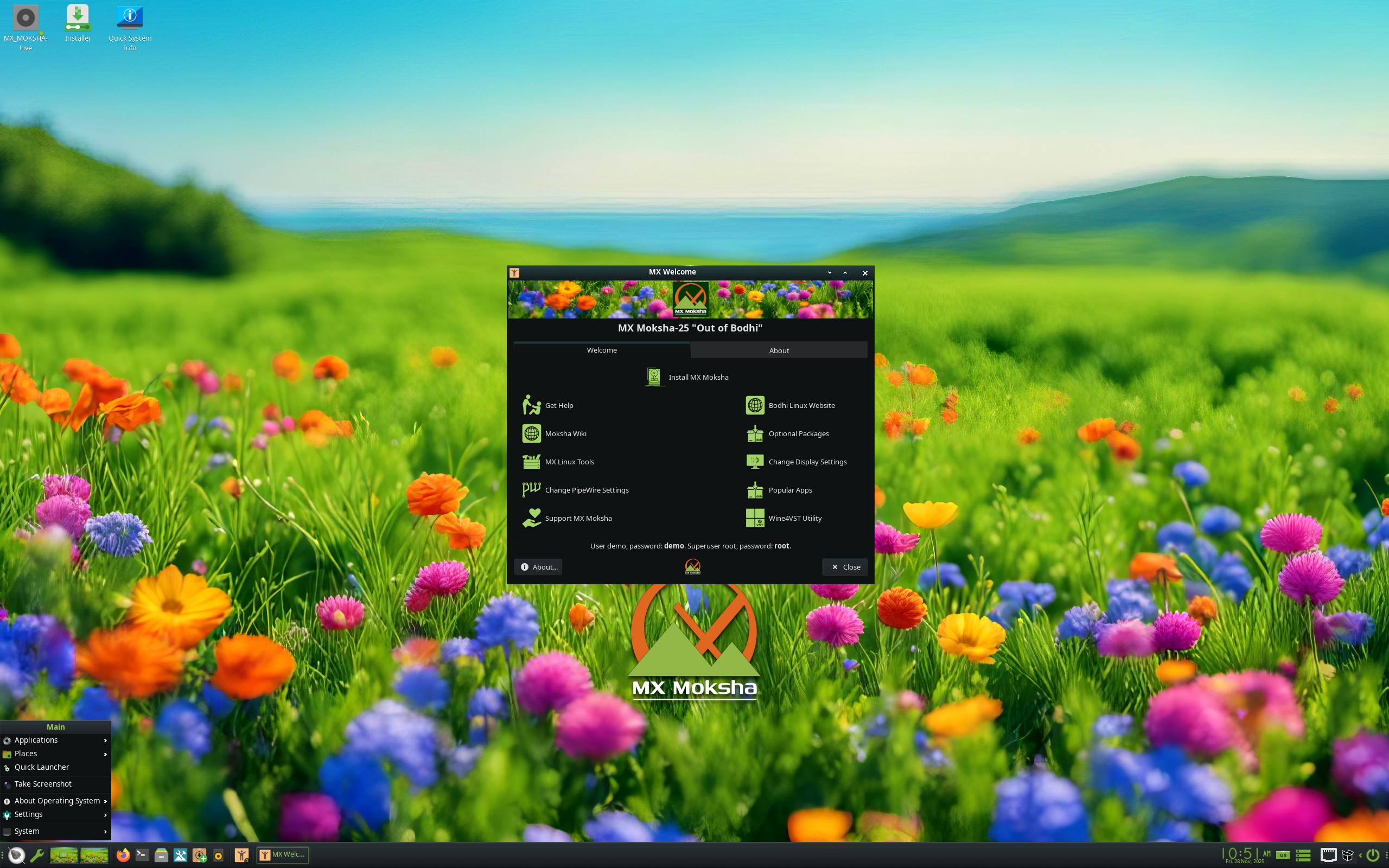 AV Linux desktop screenshot: 25 mx moksha