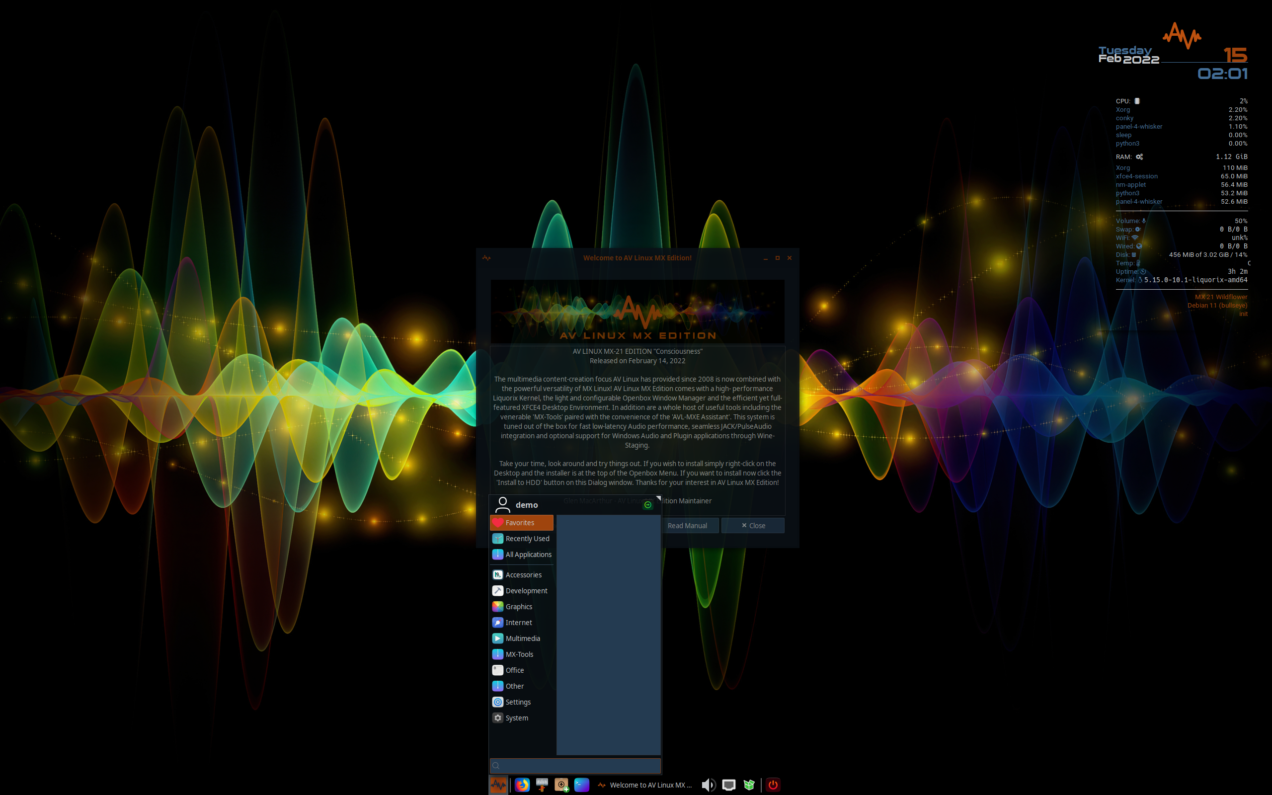 AV Linux desktop screenshot: mx 21