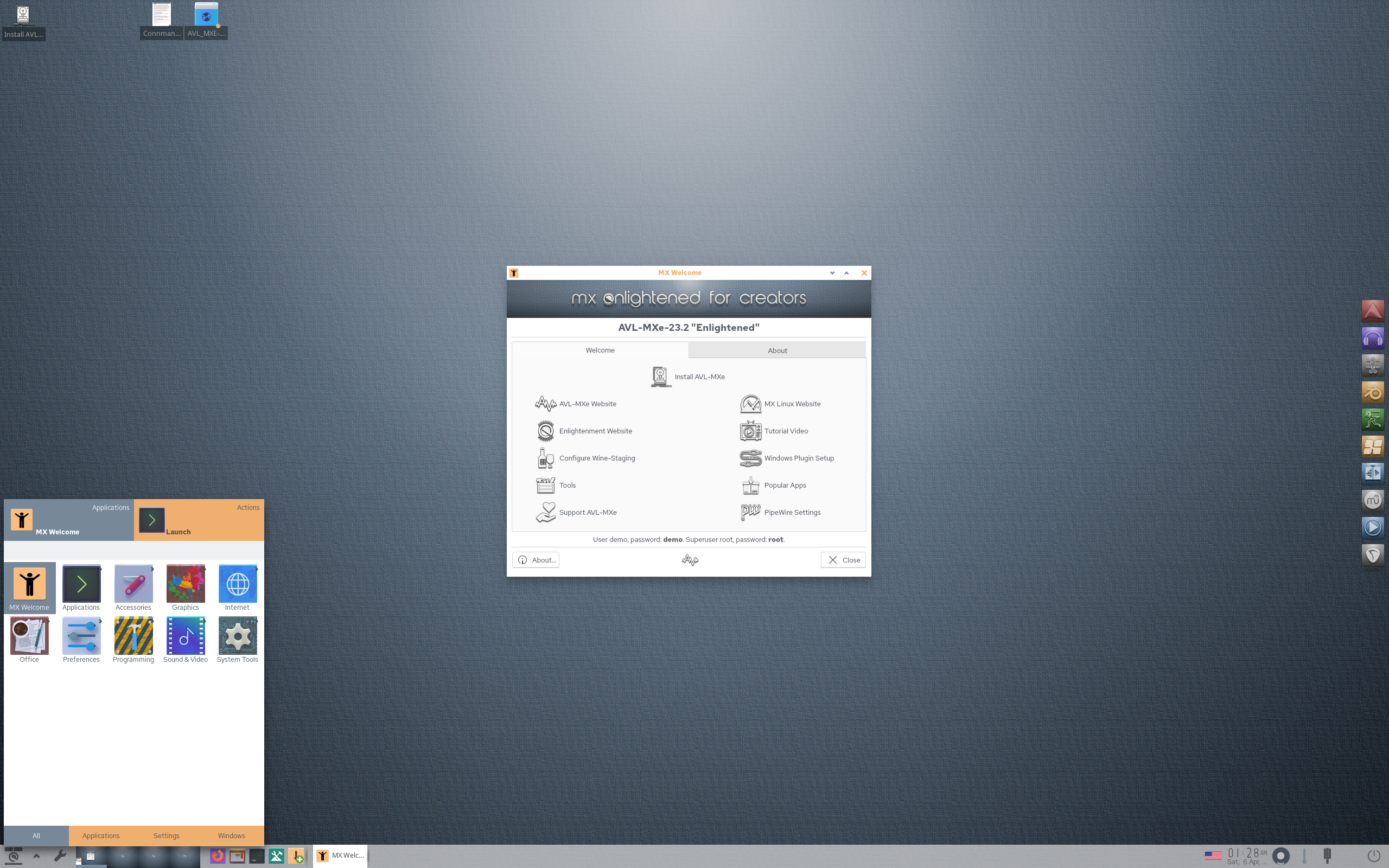 AV Linux desktop screenshot: mxe 23.2