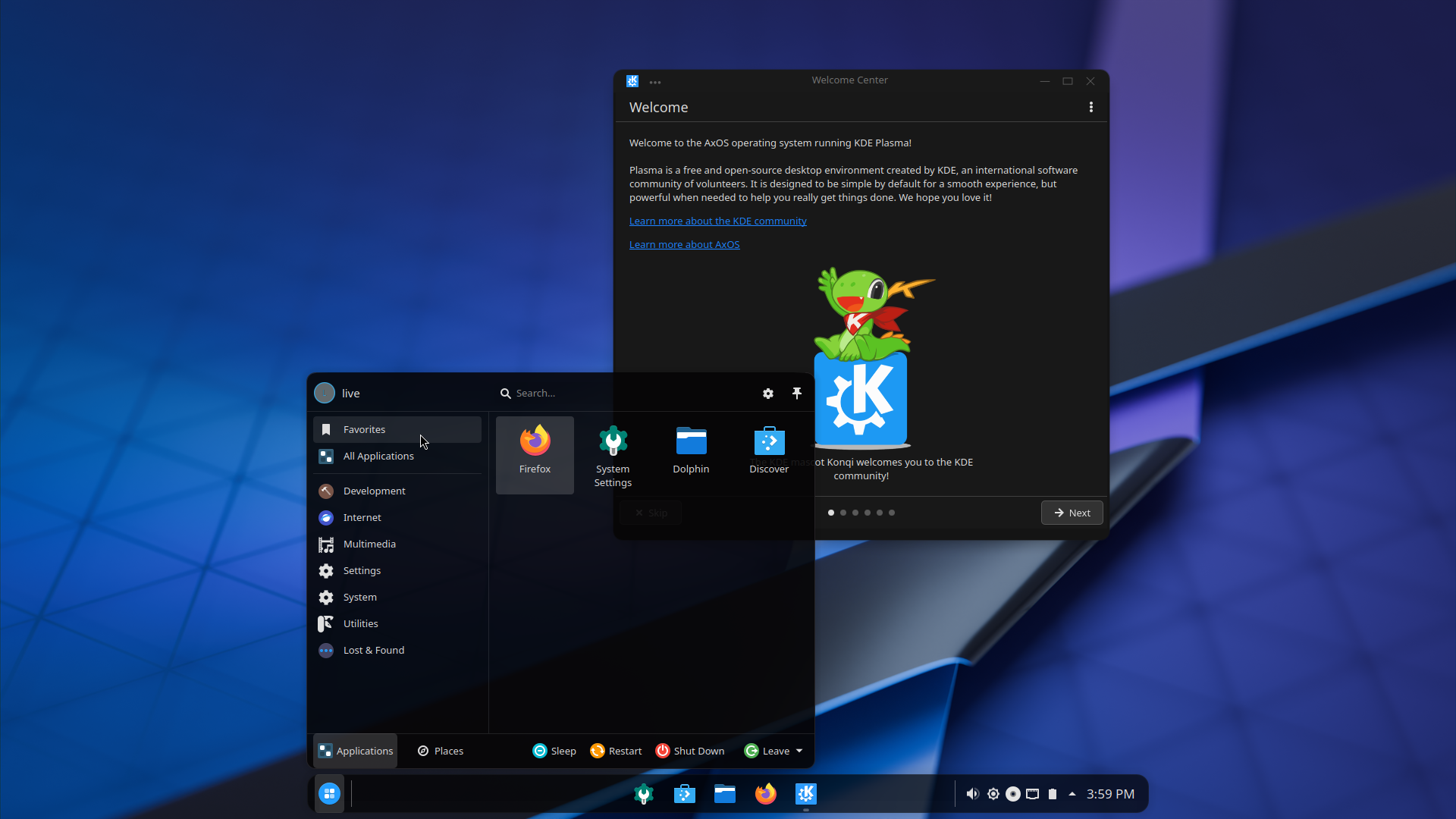AxOS desktop screenshot: 25.01 plasma