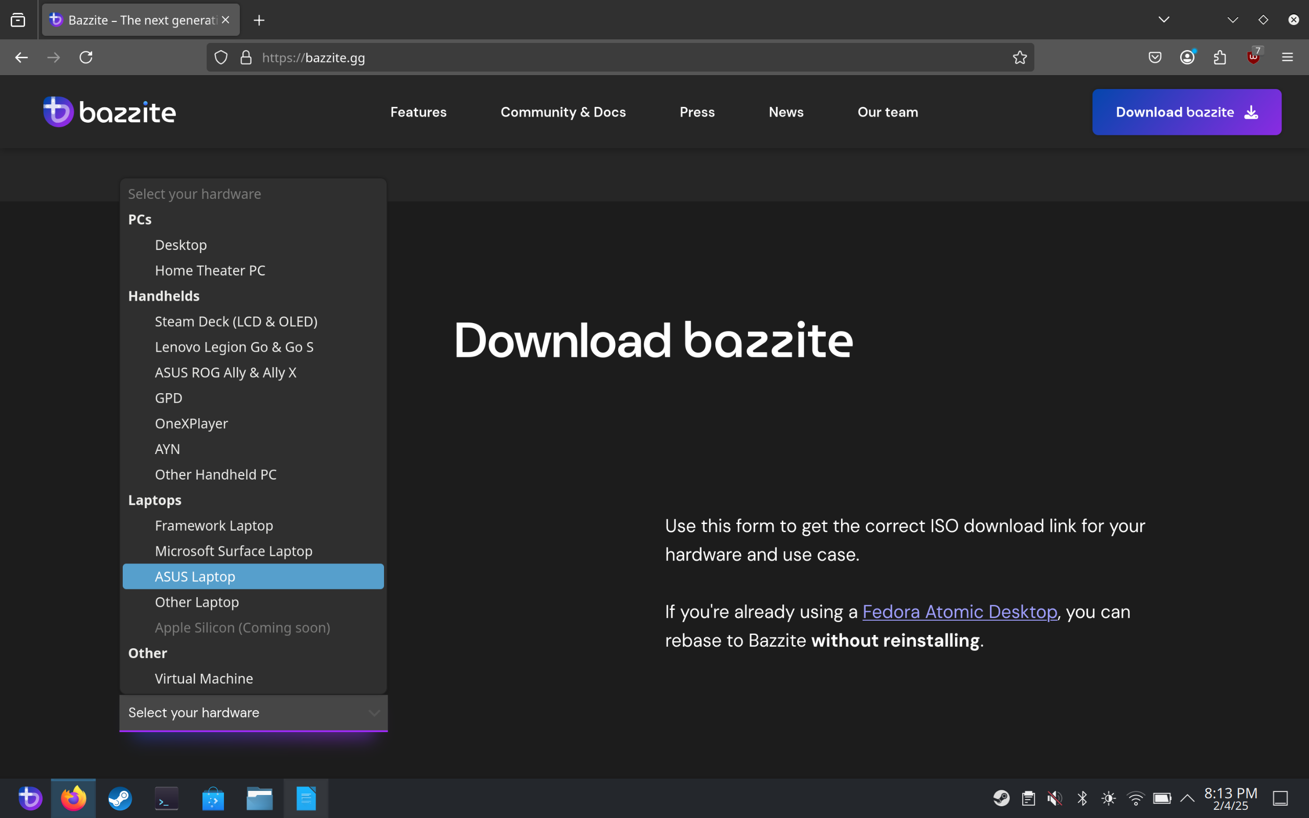 Bazzite desktop screenshot: 41 computer models choices