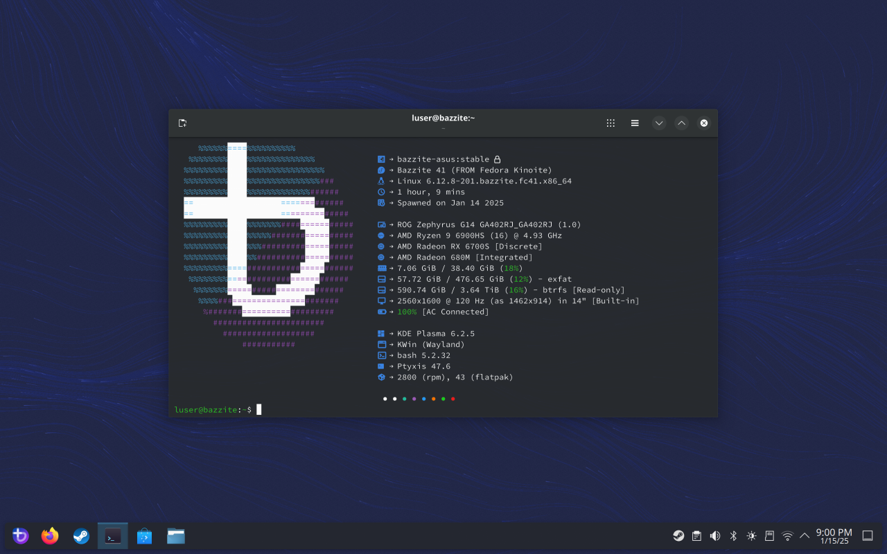 Bazzite desktop screenshot: 41 neofetch
