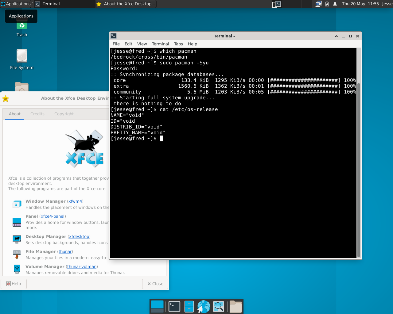 Bedrock desktop screenshot: 0.7.20 pacman on void