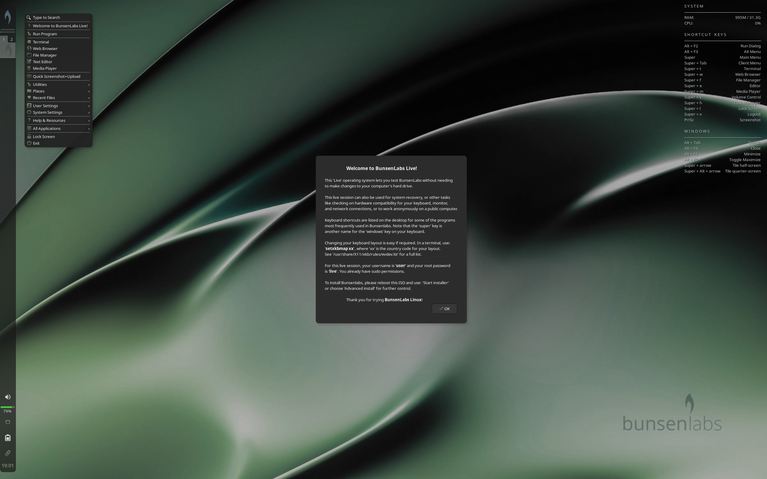 BunsenLabs desktop screenshot: carbon rc2