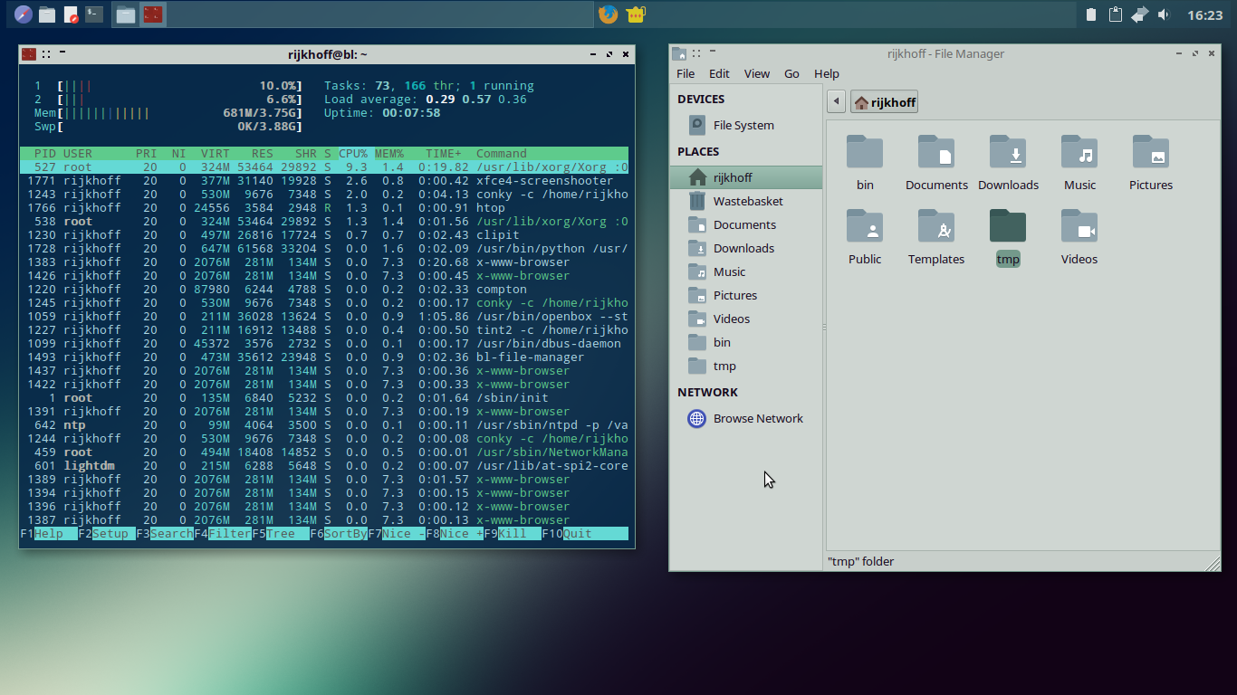 BunsenLabs desktop screenshot: helium applications and workspaces