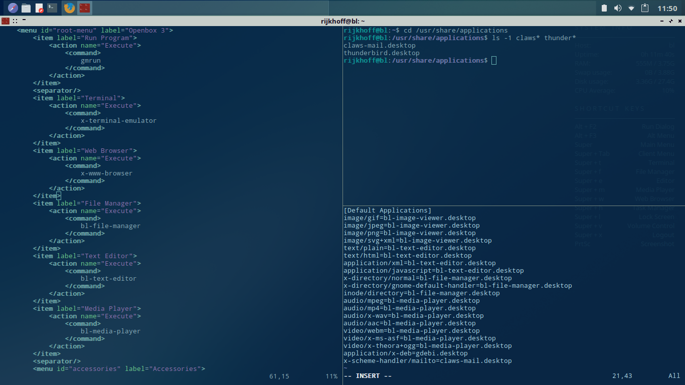 BunsenLabs desktop screenshot: helium configuration default mail client