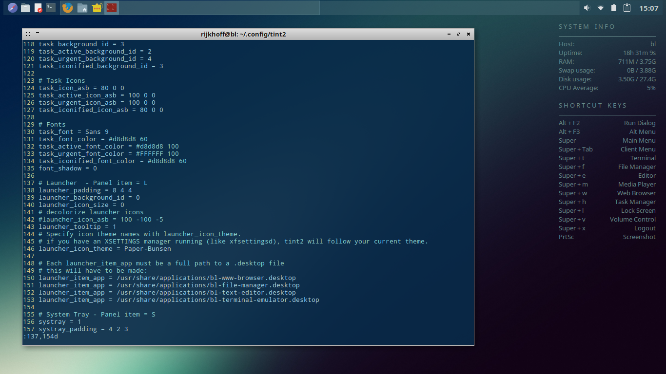 BunsenLabs desktop screenshot: helium configuring launchers