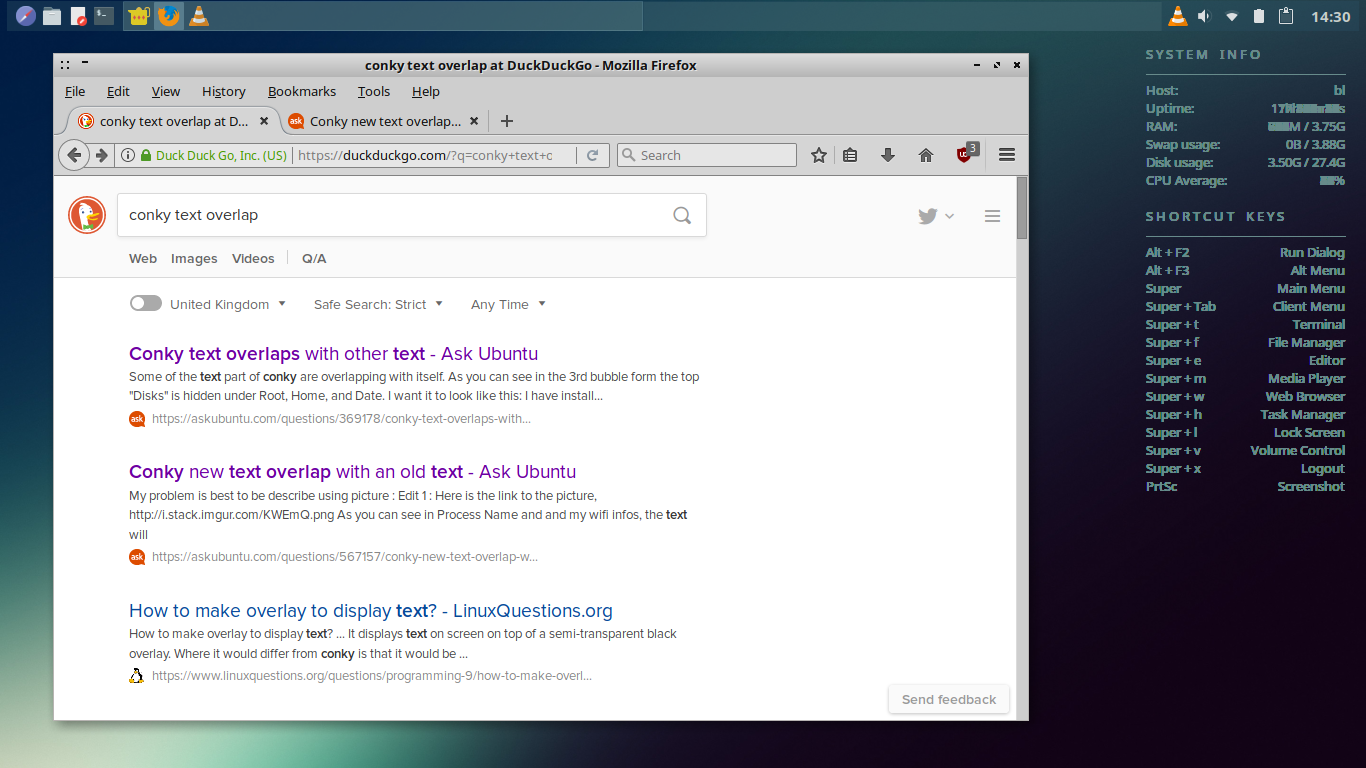 BunsenLabs desktop screenshot: helium conky text overlap
