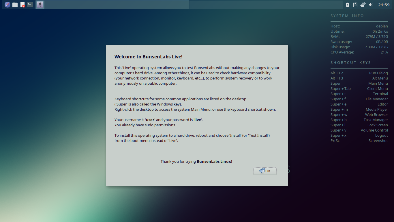 BunsenLabs desktop screenshot: helium live environment