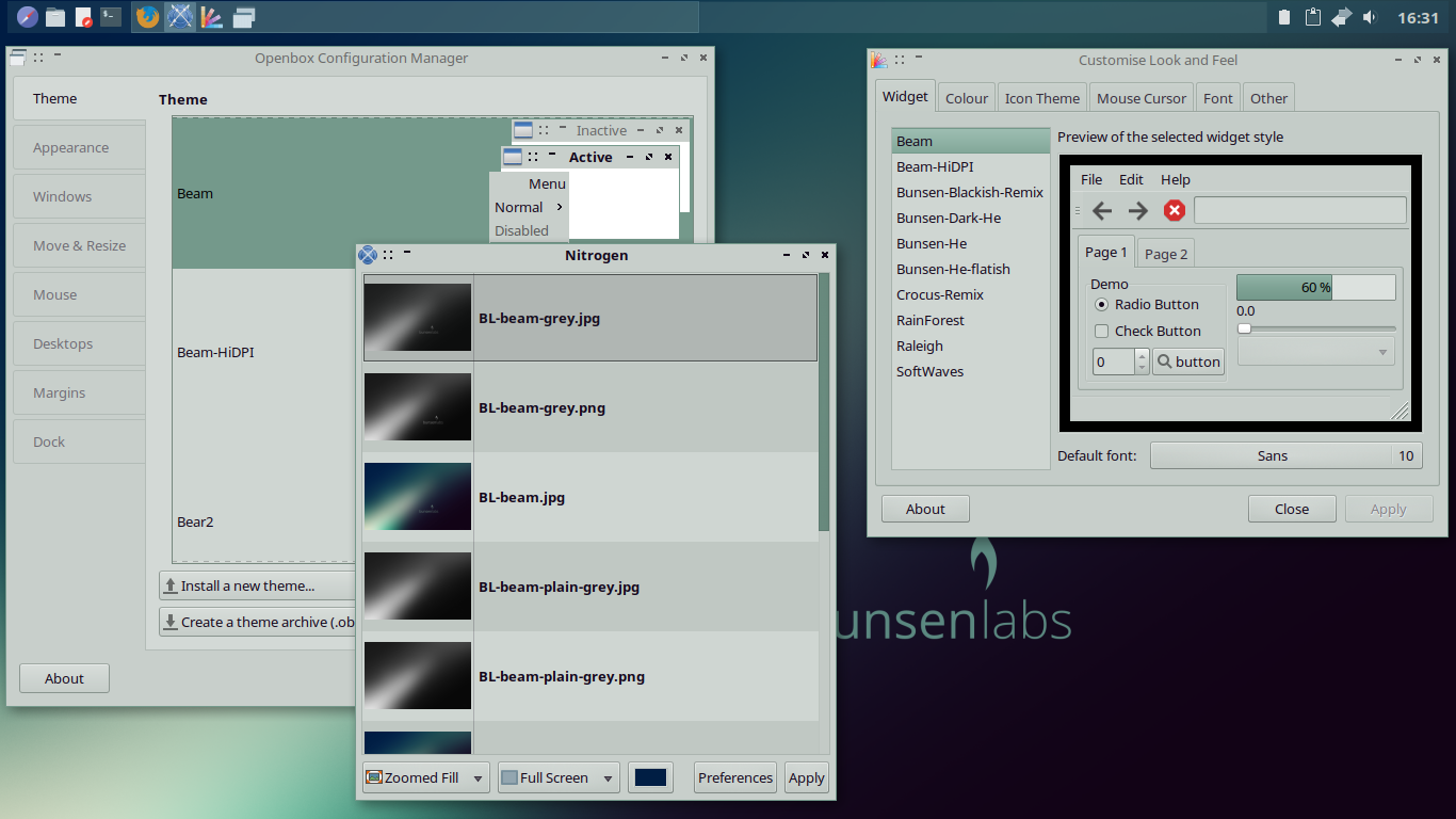 BunsenLabs desktop screenshot: helium obcon nitrogen lxappearance