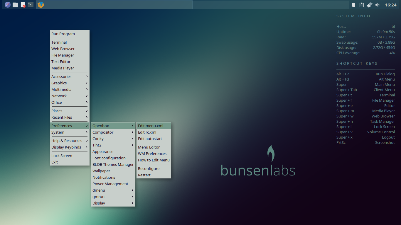 BunsenLabs desktop screenshot: helium openbox menu
