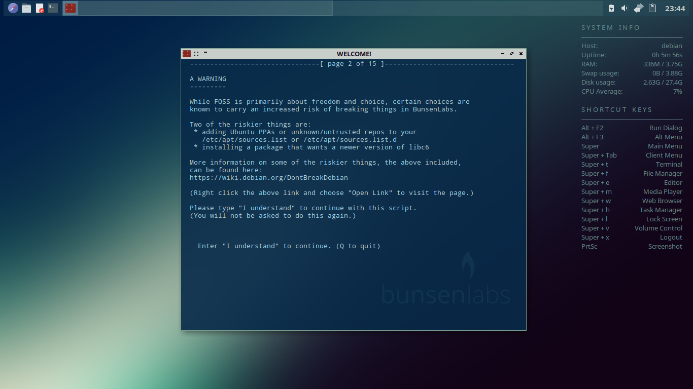 BunsenLabs desktop screenshot: helium welcome warning