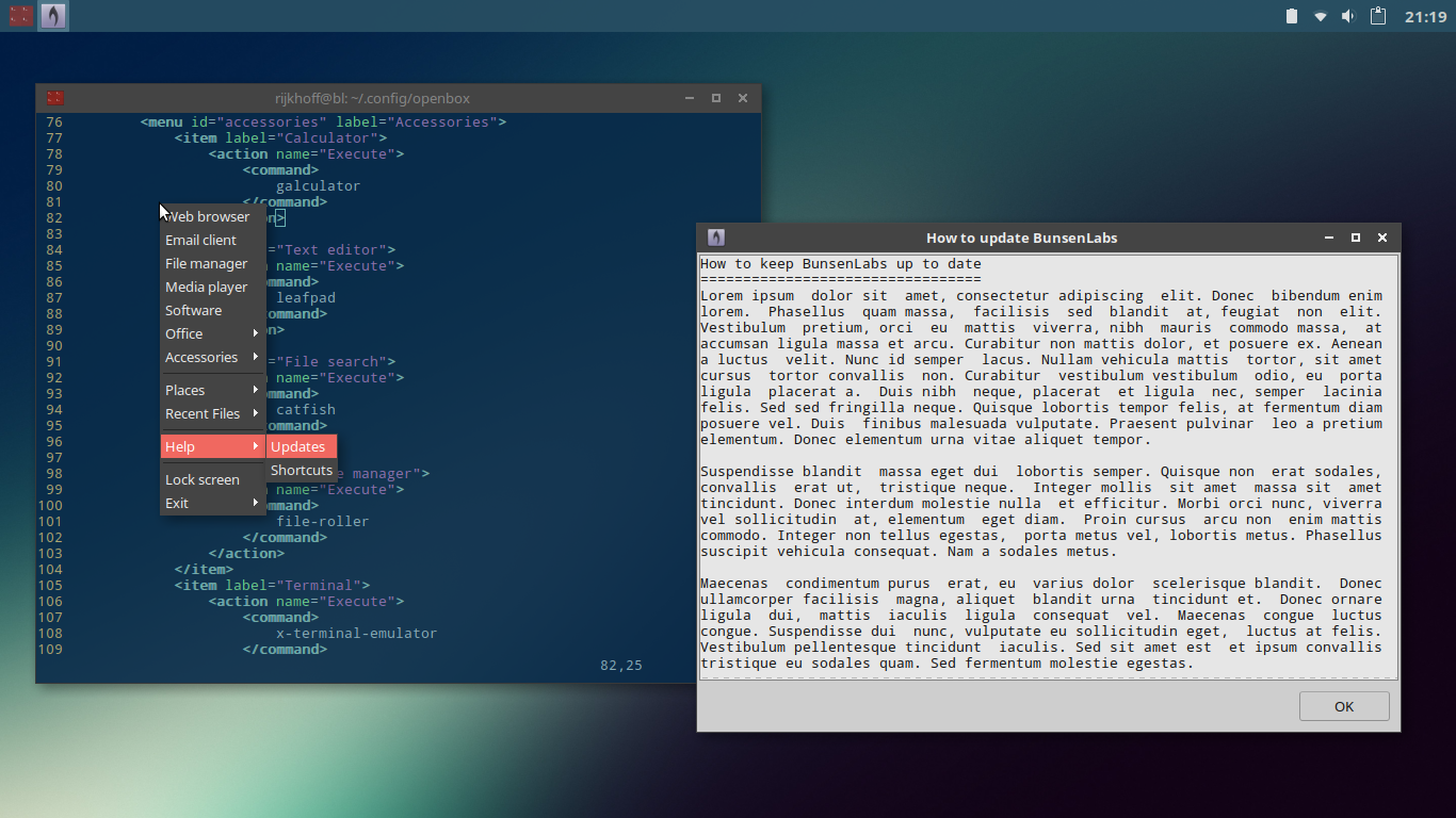 BunsenLabs desktop screenshot: helium yad