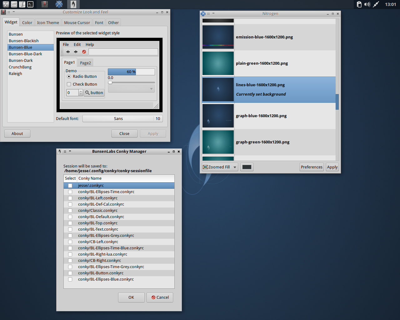 BunsenLabs desktop screenshot: hydrogen settings