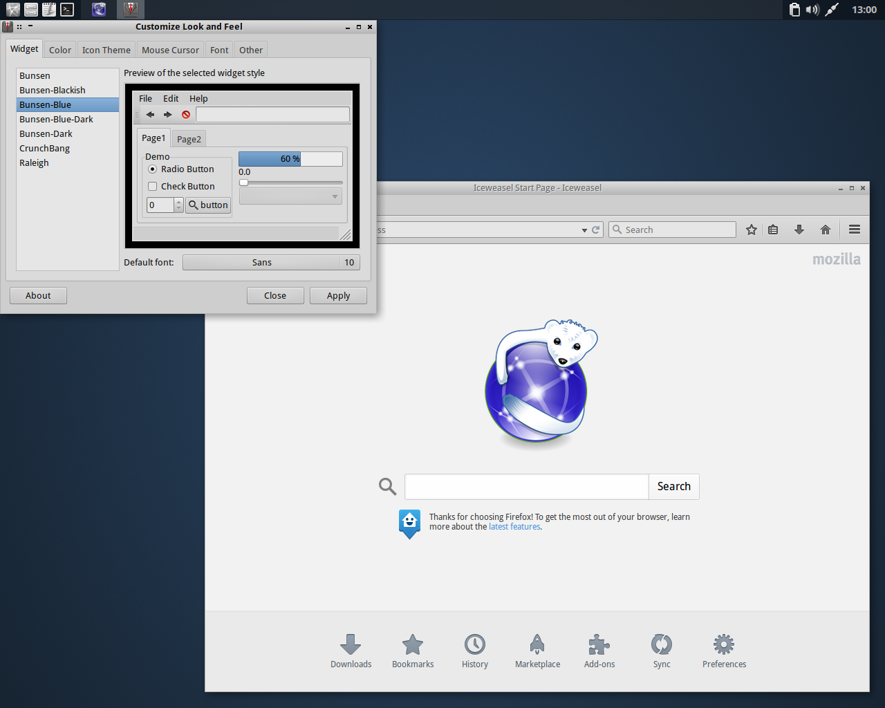 BunsenLabs desktop screenshot: hydrogen web
