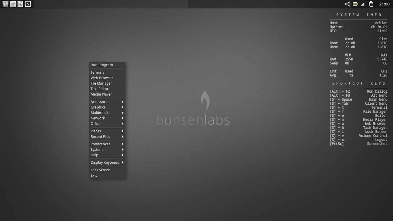 BunsenLabs desktop screenshot: hydrogen