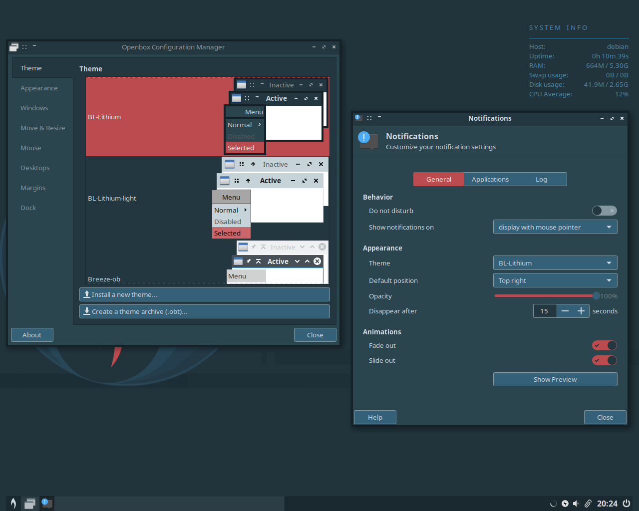BunsenLabs desktop screenshot: lithium settings