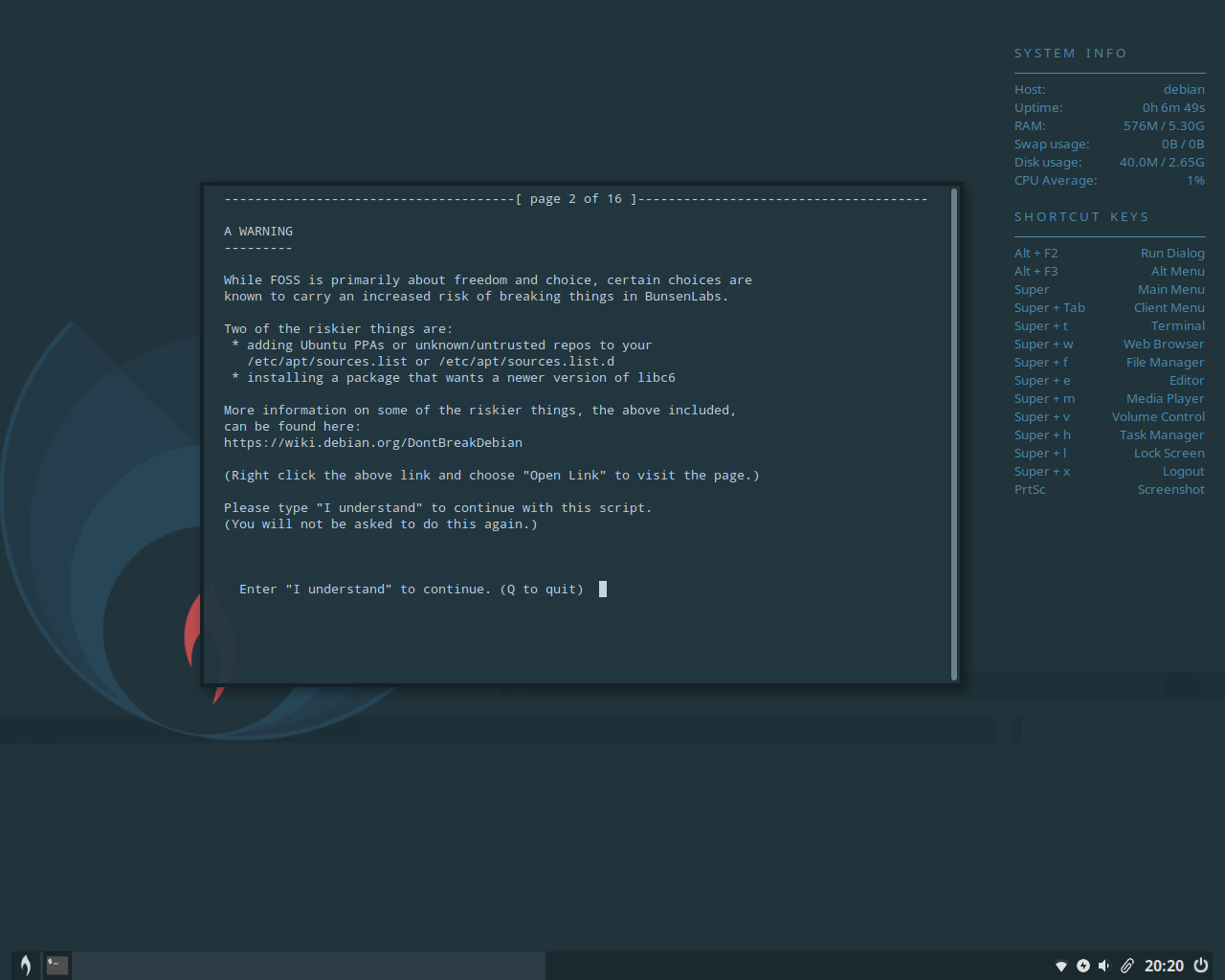 BunsenLabs desktop screenshot: lithium welcome config