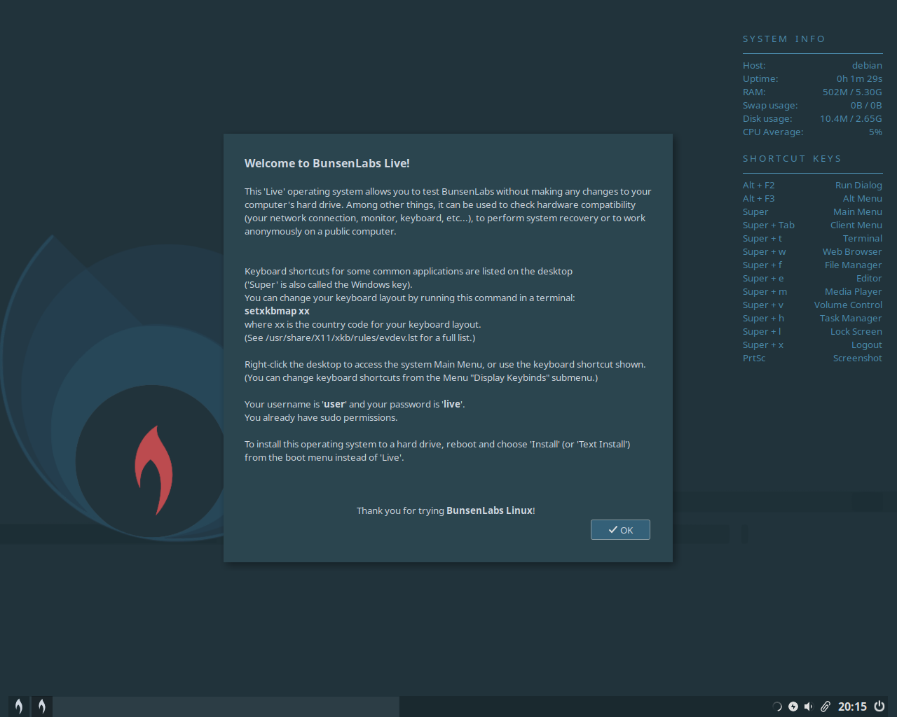 BunsenLabs desktop screenshot: lithium welcome