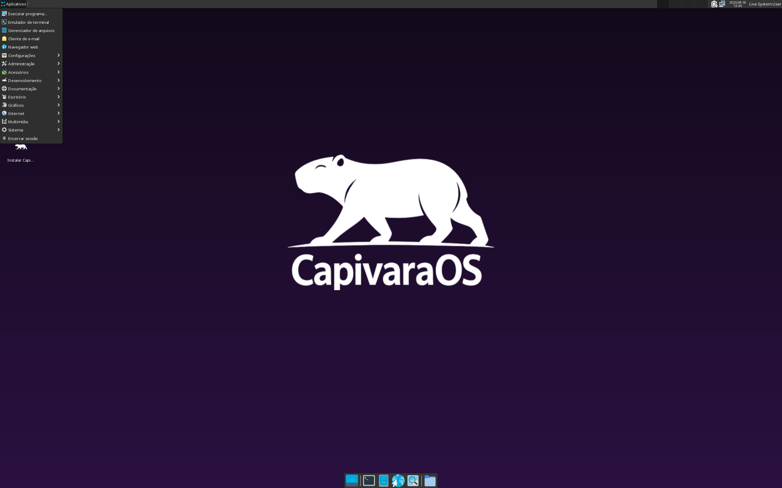 CapivaraOS desktop screenshot: 1.1.8 xfce