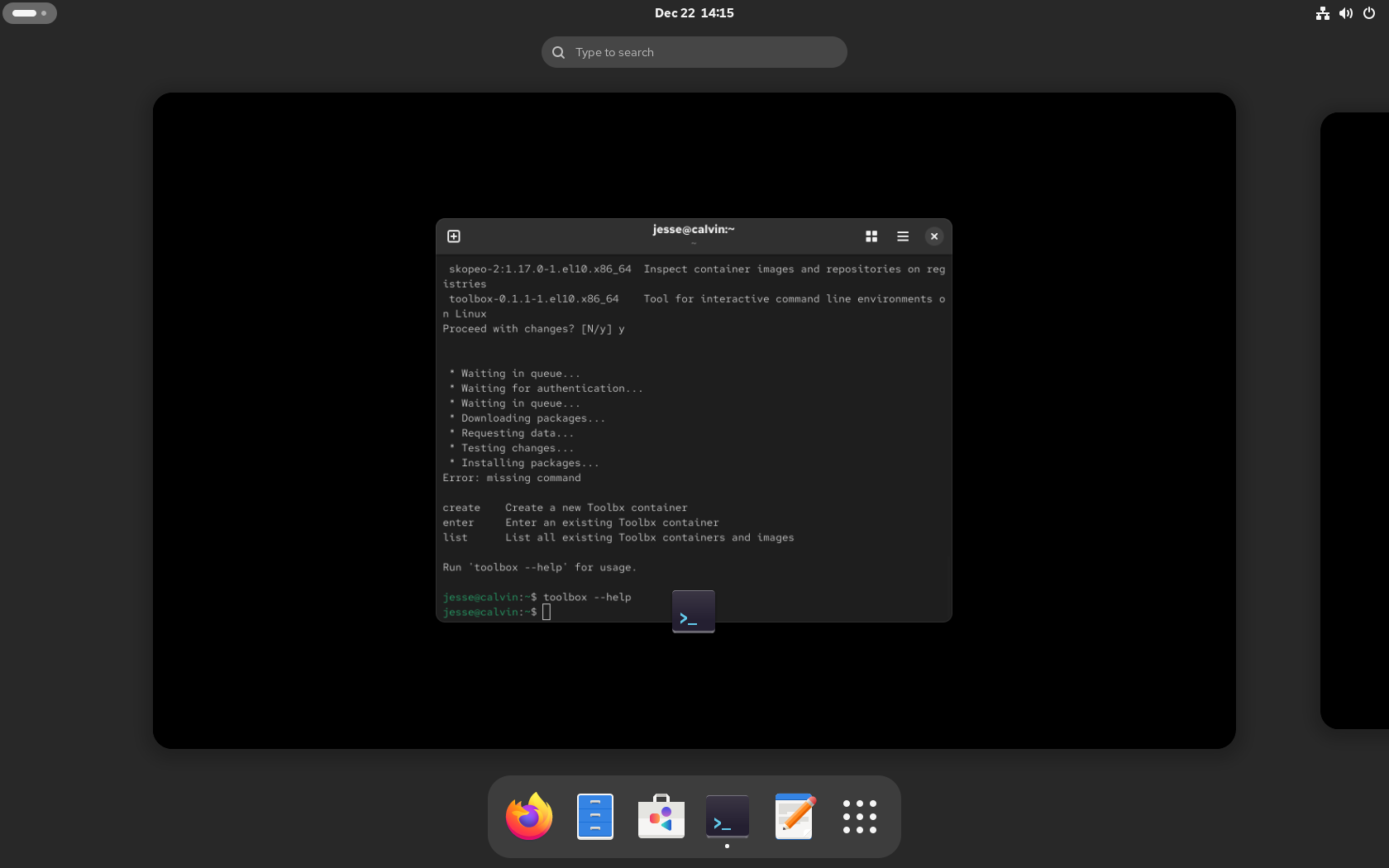 CentOS desktop screenshot: 10 overview