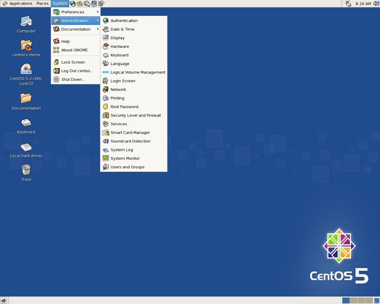 CentOS desktop screenshot: 5.2