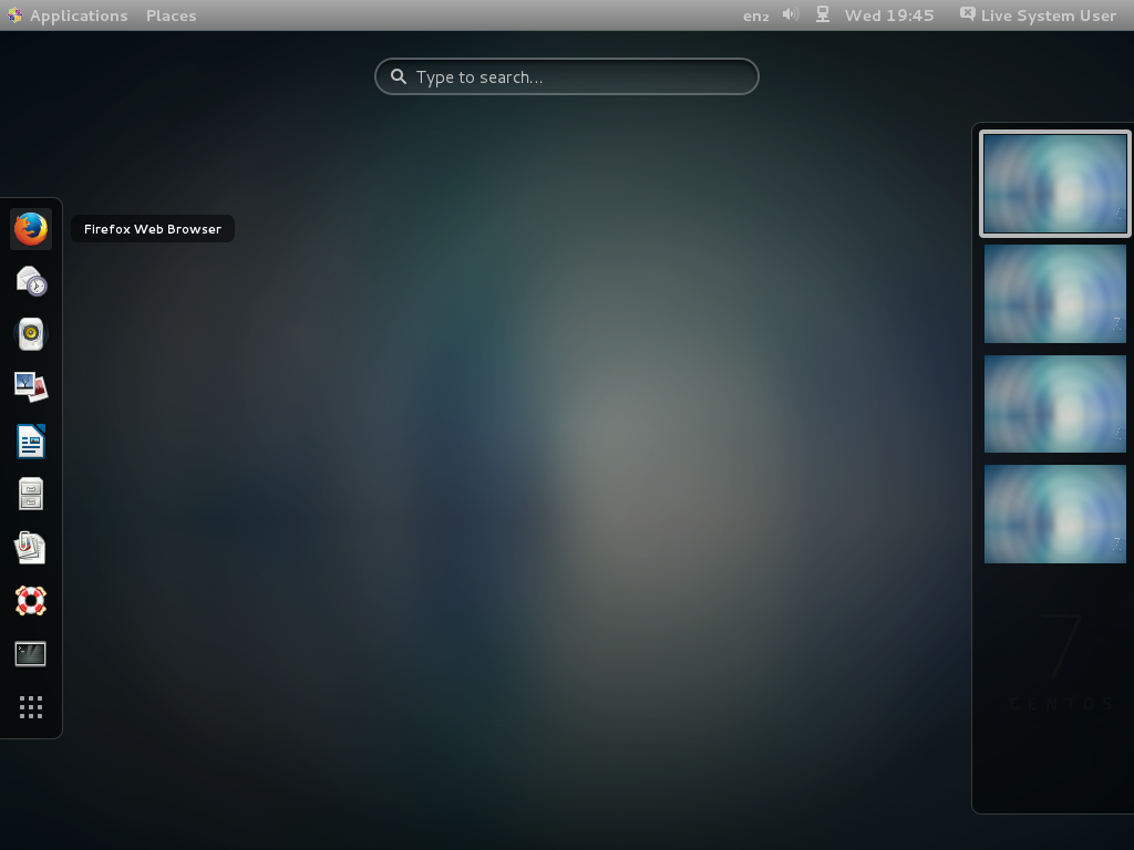 CentOS desktop screenshot: 7 activities