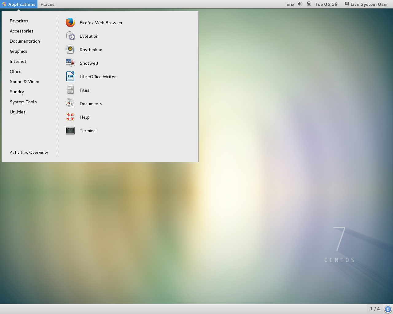 CentOS desktop screenshot: 7.0 1406