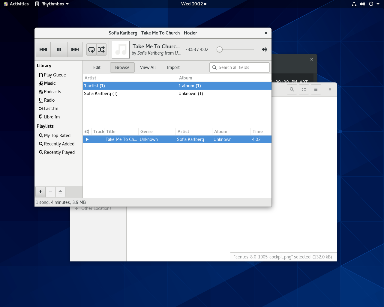 CentOS desktop screenshot: 8.0.1905 music