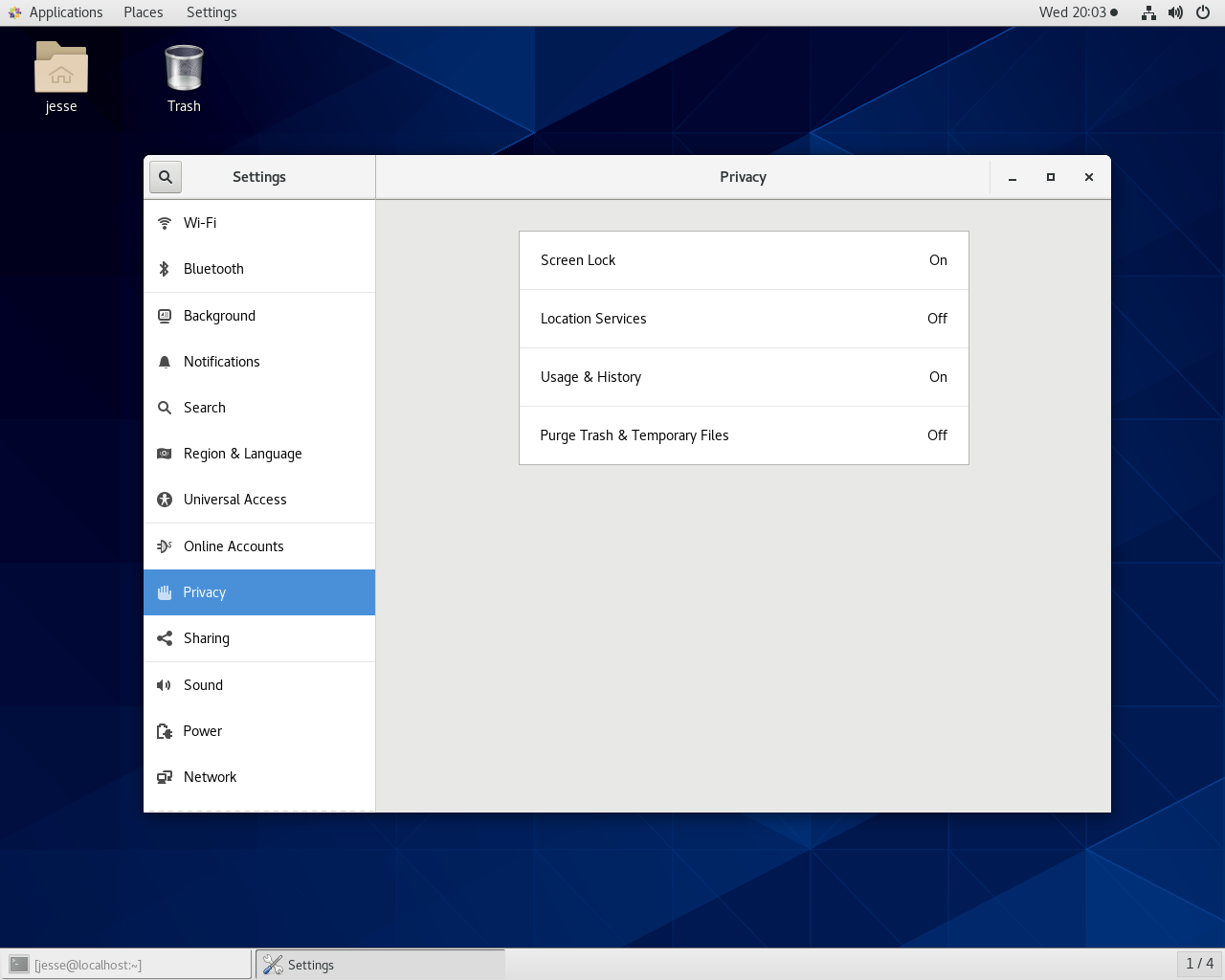 CentOS desktop screenshot: 8.0.1905 settings