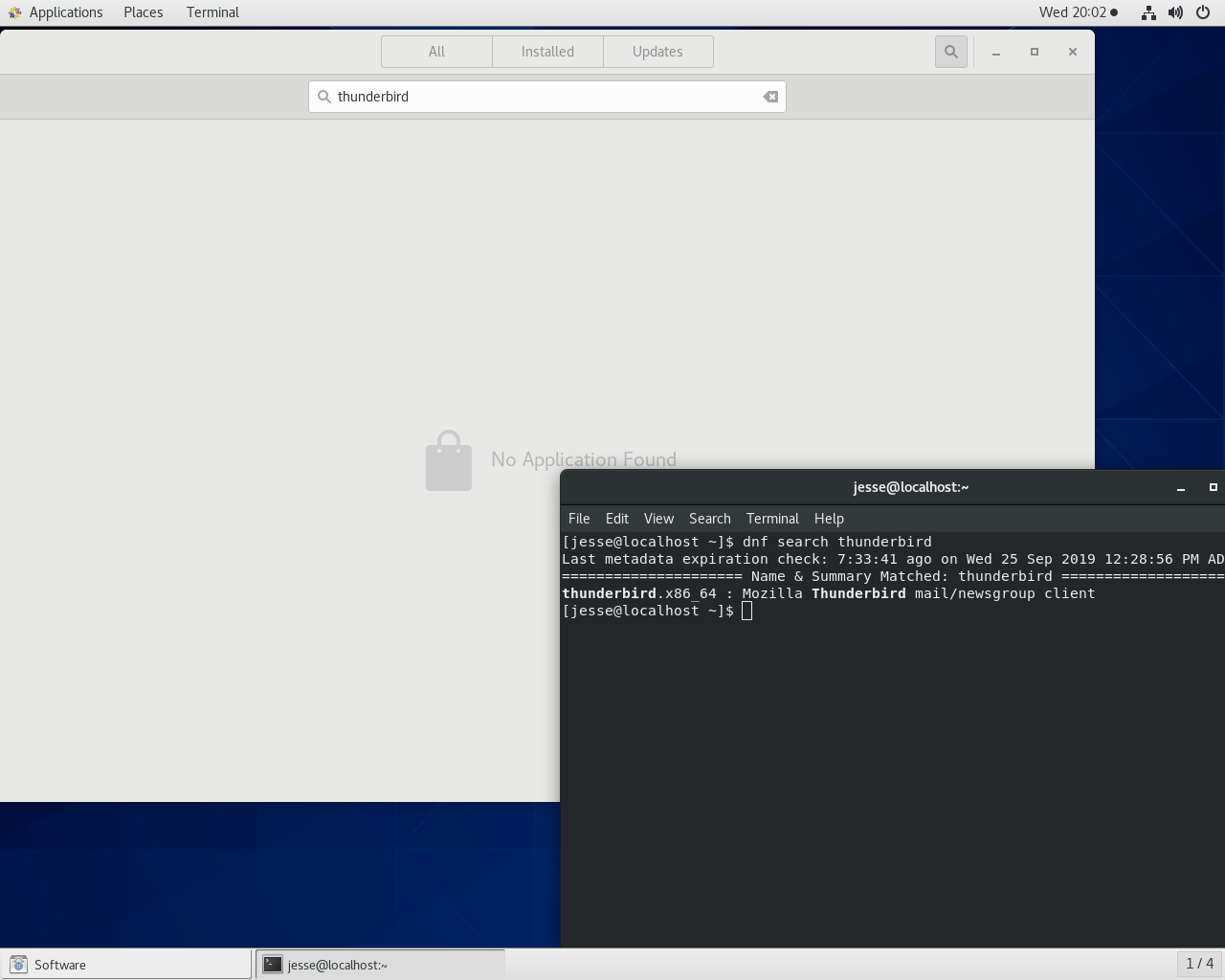 CentOS desktop screenshot: 8.0.1905 software