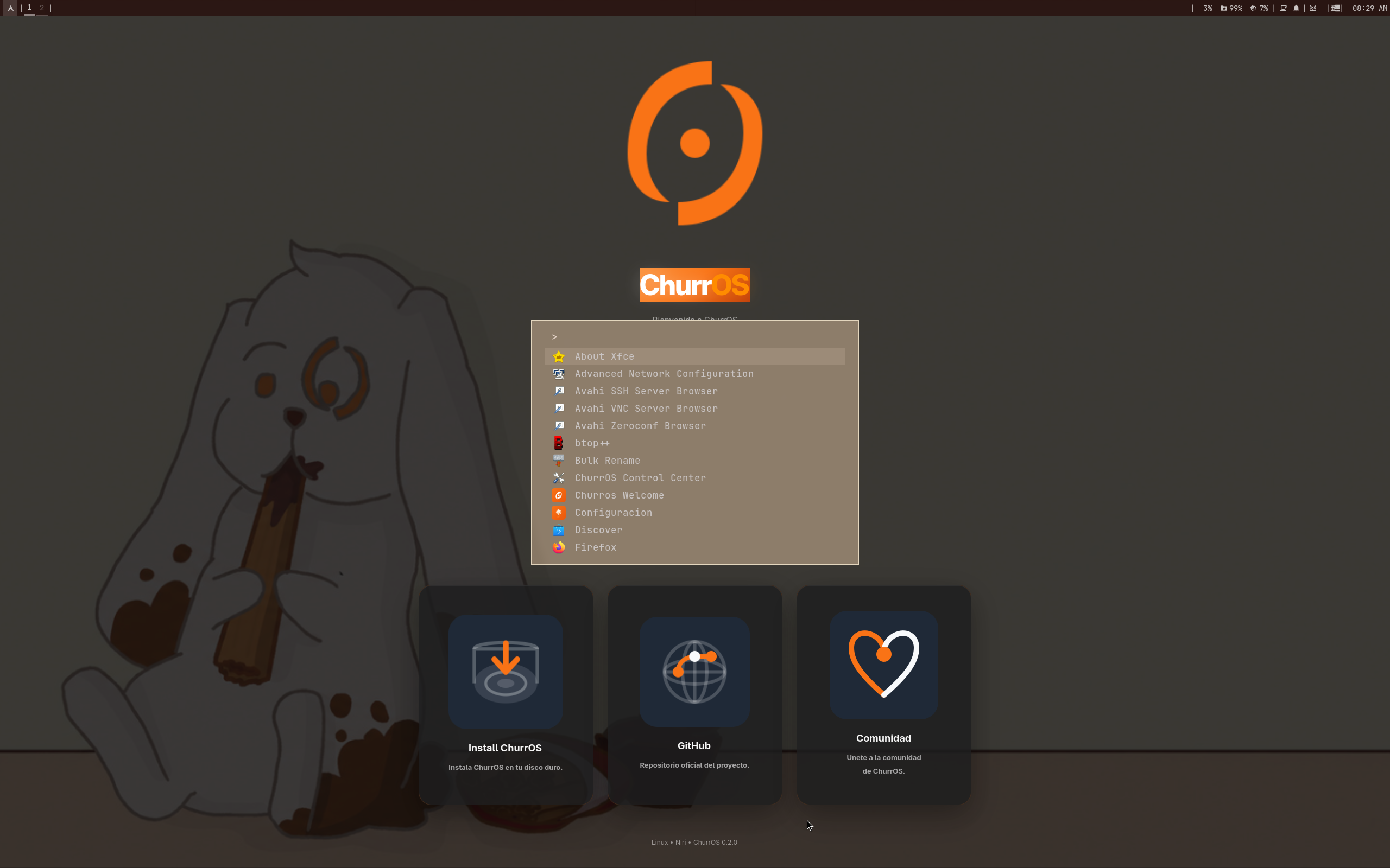 ChurrOS desktop screenshot: 0.4 niri